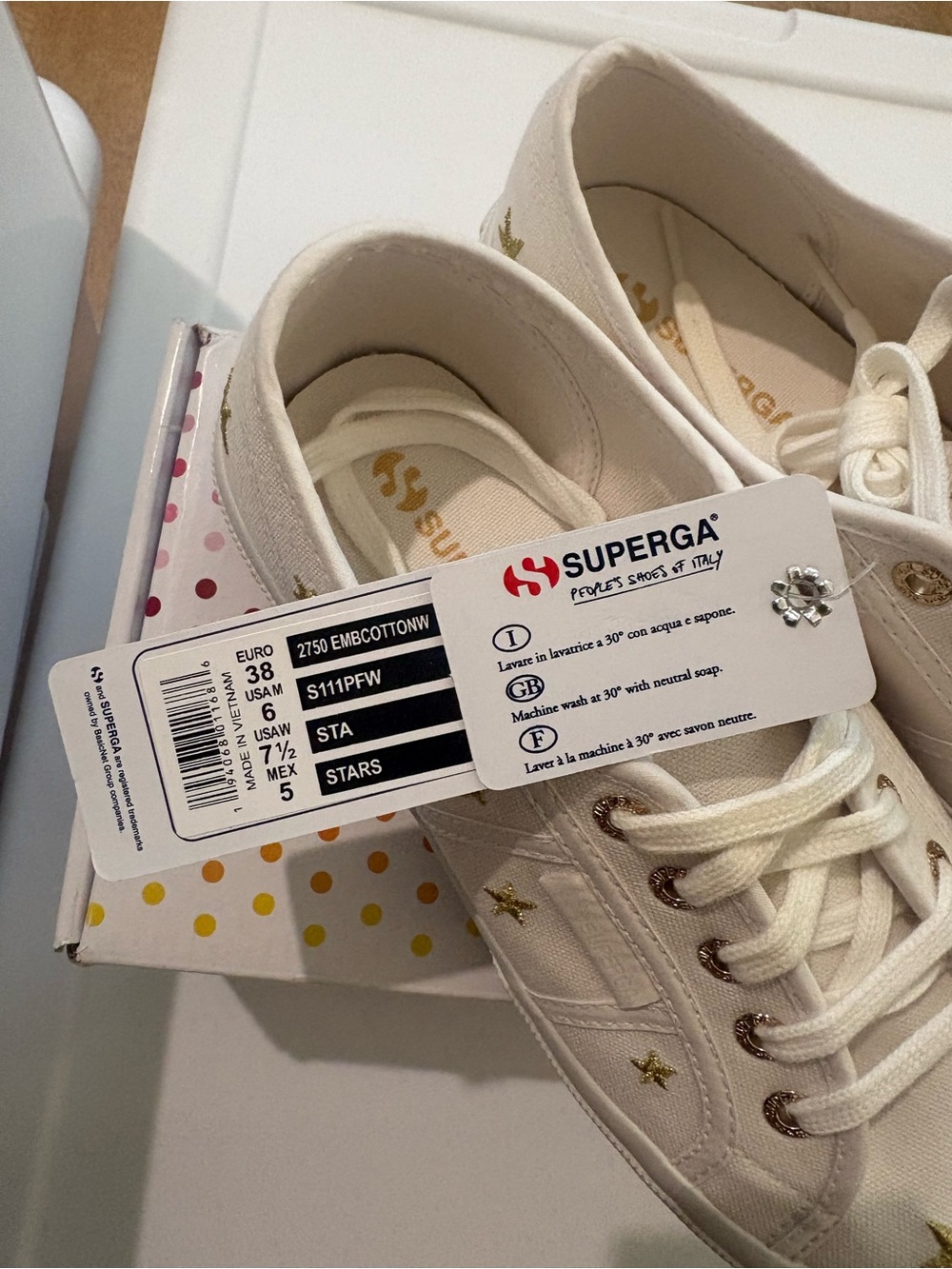 NWT Superga 2750 White Canvas Sneakers with Gold Star Embroidery - Picture 2 of 4